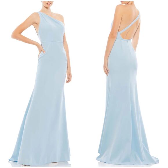 Mac Duggal NWT One Shoulder Jersey Mermaid Gown Powder Blue Size 6 Asymmetrical - Picture 1 of 11